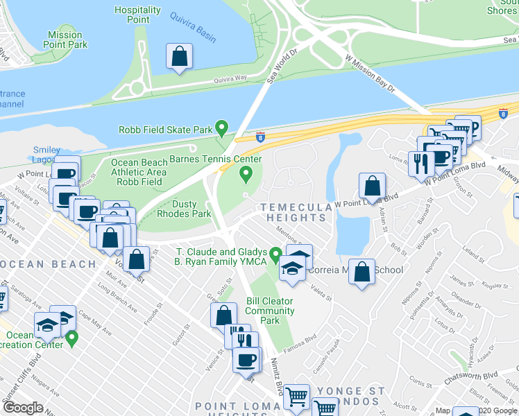 map of restaurants, bars, coffee shops, grocery stores, and more near 4484 West Point Loma Boulevard in San Diego