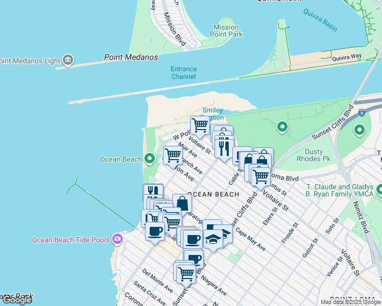 map of restaurants, bars, coffee shops, grocery stores, and more near 5102 Muir Avenue in San Diego