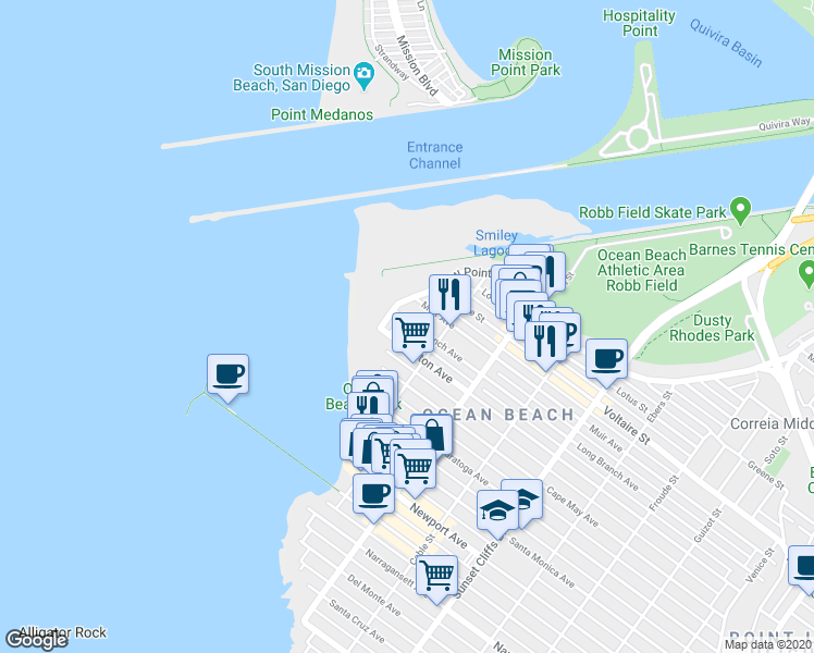 map of restaurants, bars, coffee shops, grocery stores, and more near 5157 Long Branch Avenue in San Diego