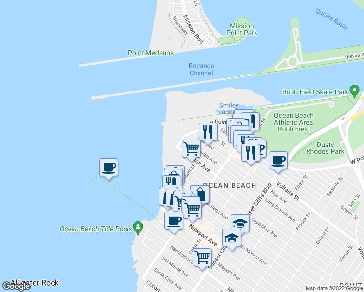 map of restaurants, bars, coffee shops, grocery stores, and more near 5157 Long Branch Avenue in San Diego