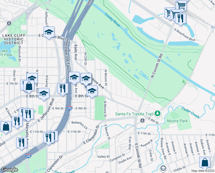 map of restaurants, bars, coffee shops, grocery stores, and more near 333 North Moore Street in Dallas