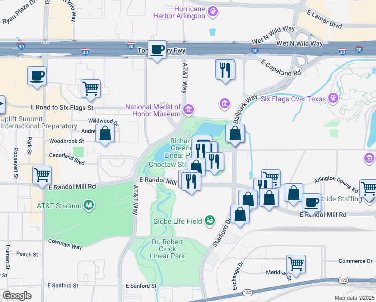 map of restaurants, bars, coffee shops, grocery stores, and more near 1000 Ballpark Way in Arlington