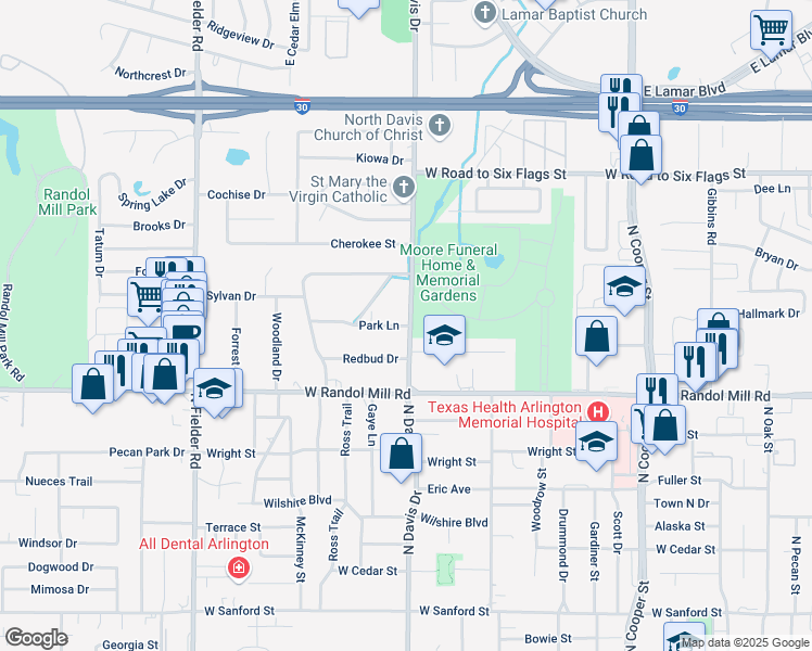 map of restaurants, bars, coffee shops, grocery stores, and more near 1201 Park Lane in Arlington