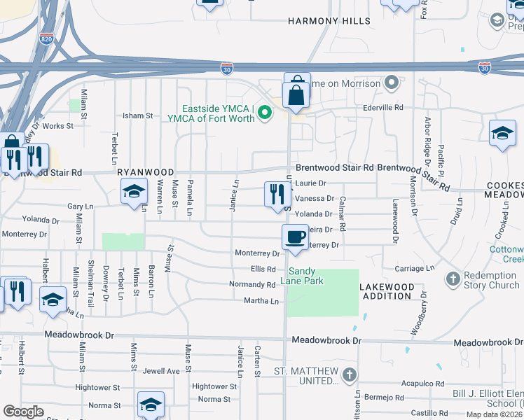 map of restaurants, bars, coffee shops, grocery stores, and more near 7328 Vanessa Drive in Fort Worth