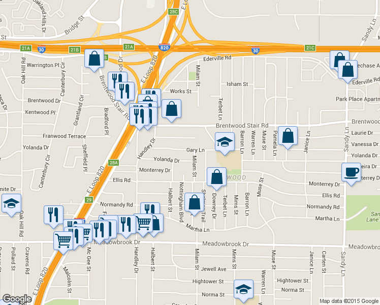 map of restaurants, bars, coffee shops, grocery stores, and more near 6816 Gary Lane in Fort Worth