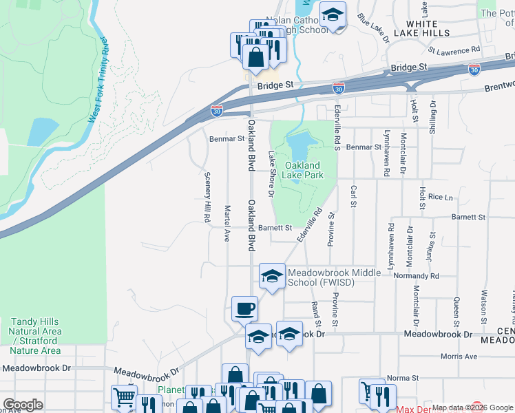 map of restaurants, bars, coffee shops, grocery stores, and more near 1733 Oakland Boulevard in Fort Worth
