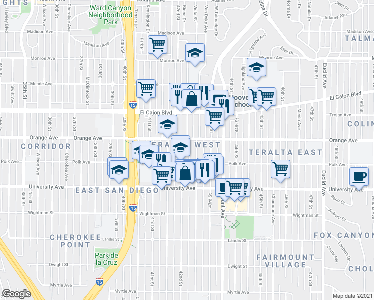 map of restaurants, bars, coffee shops, grocery stores, and more near 4153 42nd Street in San Diego