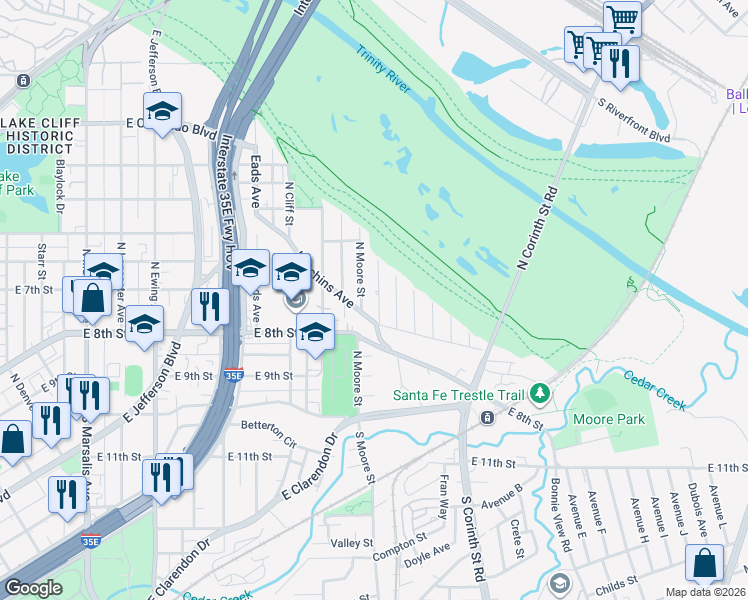 map of restaurants, bars, coffee shops, grocery stores, and more near 333 North Moore Street in Dallas