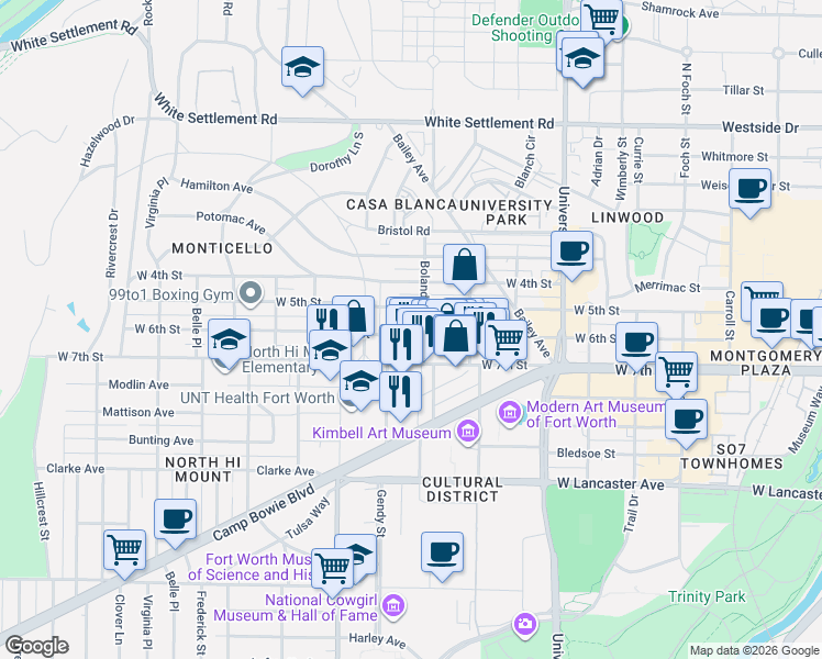 map of restaurants, bars, coffee shops, grocery stores, and more near 3336 West 6th Street in Fort Worth