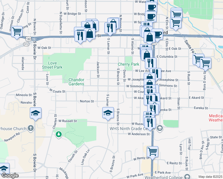 map of restaurants, bars, coffee shops, grocery stores, and more near 414 West Couts Street in Weatherford
