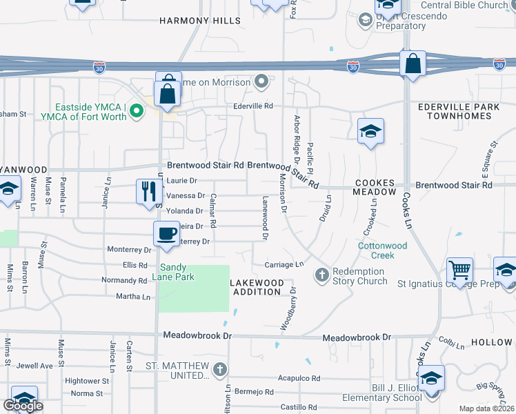 map of restaurants, bars, coffee shops, grocery stores, and more near 7541 Yolanda Drive in Fort Worth
