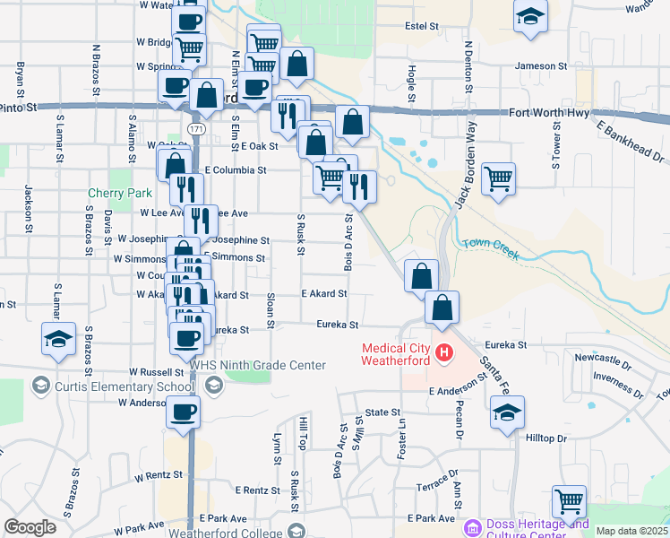 map of restaurants, bars, coffee shops, grocery stores, and more near 417 East Simmons Street in Weatherford