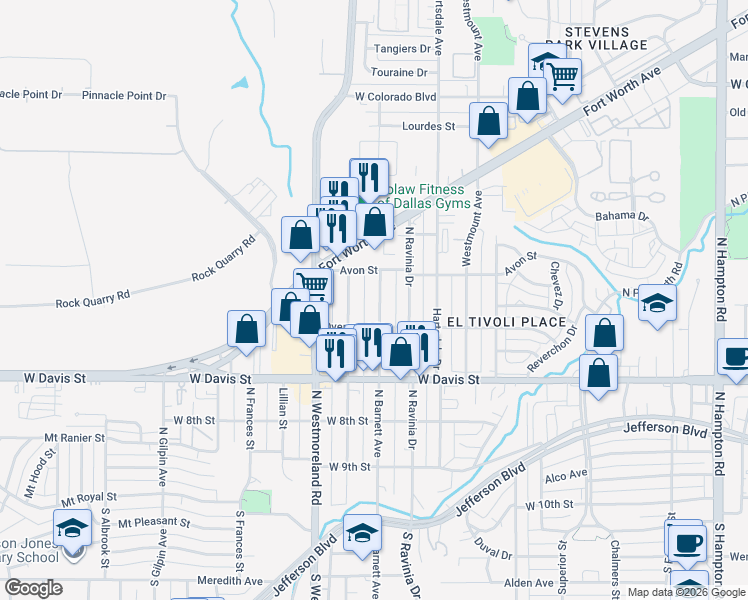 map of restaurants, bars, coffee shops, grocery stores, and more near 827 North Barnett Avenue in Dallas