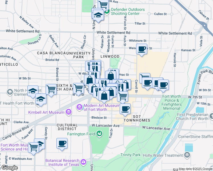 map of restaurants, bars, coffee shops, grocery stores, and more near 2912 West 6th Street in Fort Worth