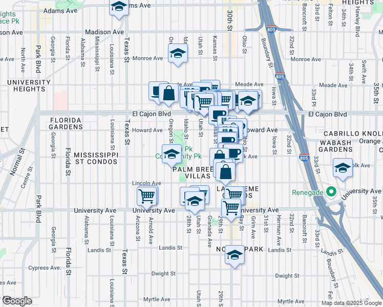 map of restaurants, bars, coffee shops, grocery stores, and more near 2814 Polk Avenue in San Diego