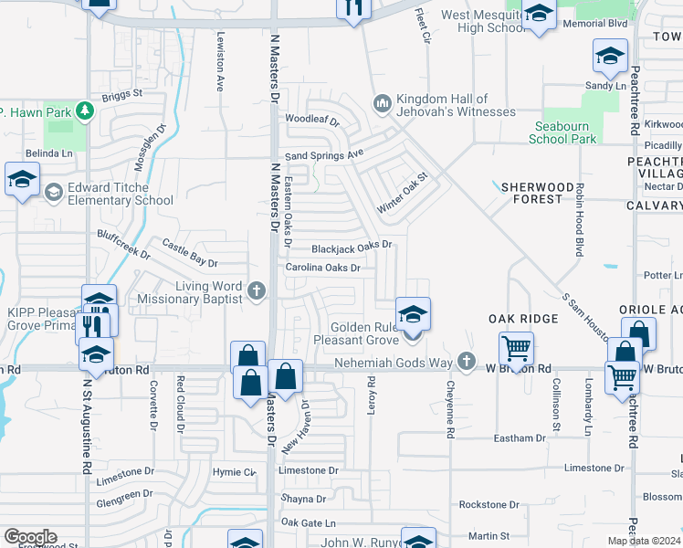 map of restaurants, bars, coffee shops, grocery stores, and more near 10320 Carolina Oaks Drive in Dallas