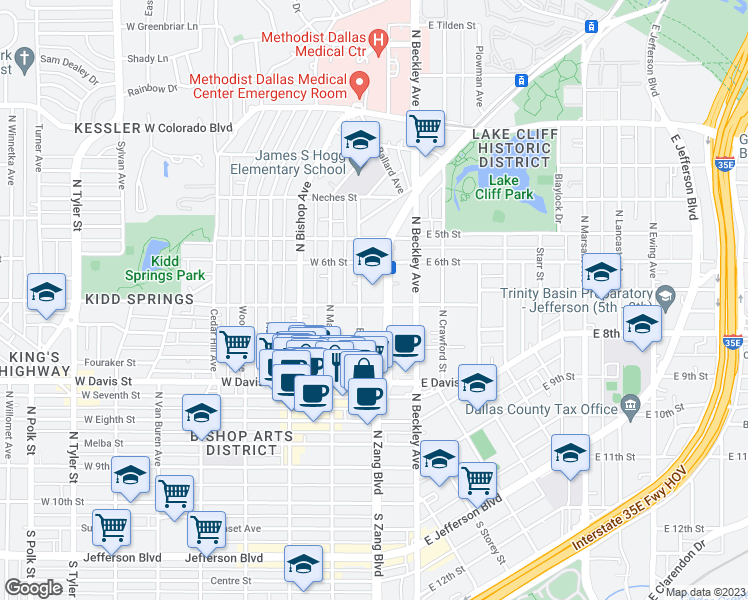 map of restaurants, bars, coffee shops, grocery stores, and more near 801 North Zang Boulevard in Dallas