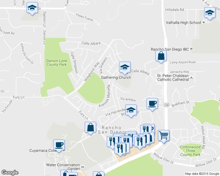 map of restaurants, bars, coffee shops, grocery stores, and more near 11843 Avenida Marcella in El Cajon
