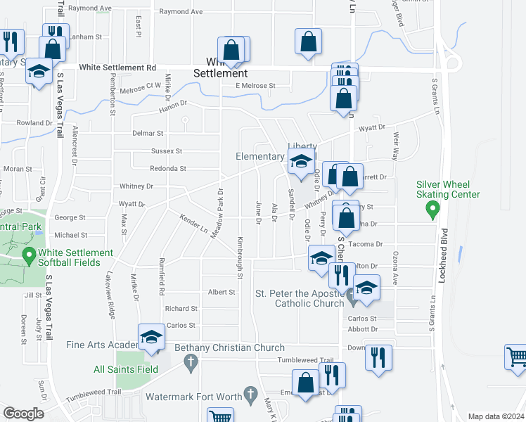 map of restaurants, bars, coffee shops, grocery stores, and more near 721 June Drive in Fort Worth