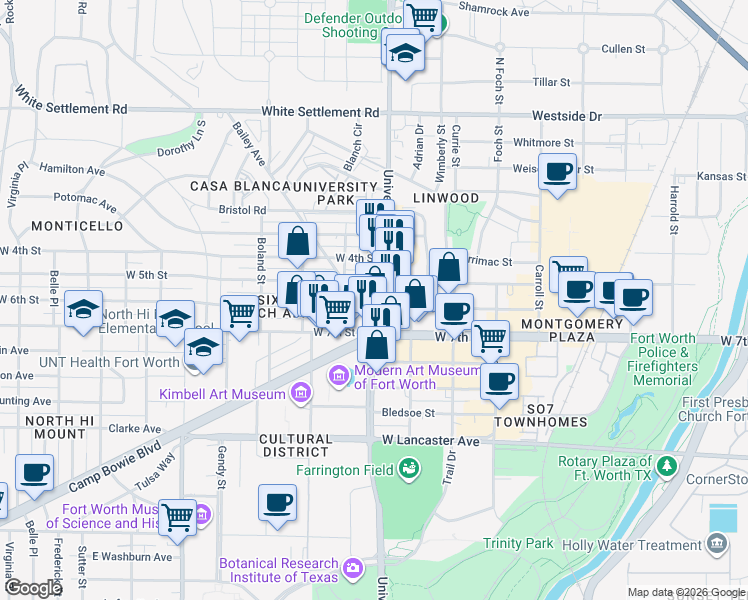 map of restaurants, bars, coffee shops, grocery stores, and more near 3116 West 6th Street in Fort Worth