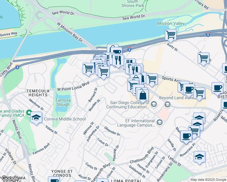 map of restaurants, bars, coffee shops, grocery stores, and more near 3116 Groton Way in San Diego