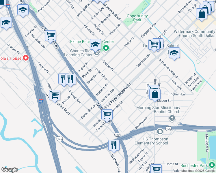 map of restaurants, bars, coffee shops, grocery stores, and more near 2318 Marburg Street in Dallas