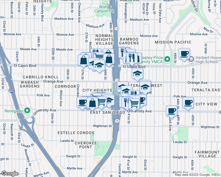 map of restaurants, bars, coffee shops, grocery stores, and more near 4154 40th Street in San Diego