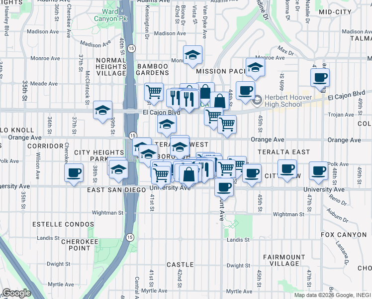 map of restaurants, bars, coffee shops, grocery stores, and more near 4153 42nd Street in San Diego