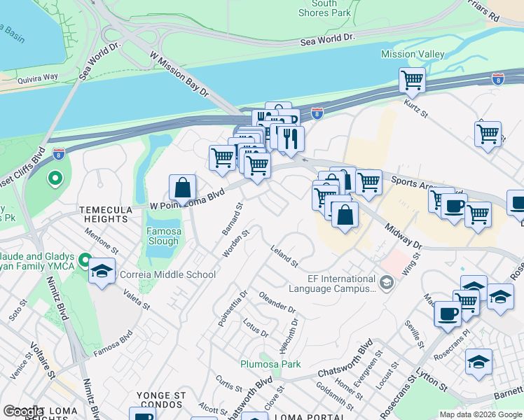 map of restaurants, bars, coffee shops, grocery stores, and more near 3861 Basilone Street in San Diego