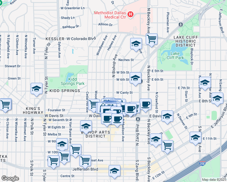 map of restaurants, bars, coffee shops, grocery stores, and more near 801 North Bishop Avenue in Dallas