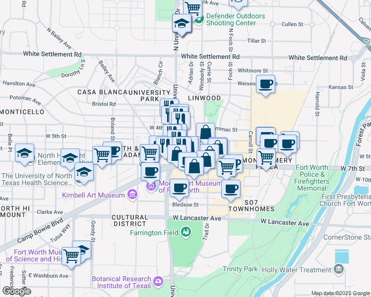 map of restaurants, bars, coffee shops, grocery stores, and more near 612 Norwood Street in Fort Worth
