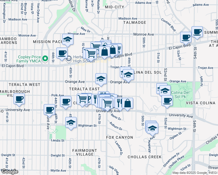 map of restaurants, bars, coffee shops, grocery stores, and more near 4159 Euclid Avenue in San Diego