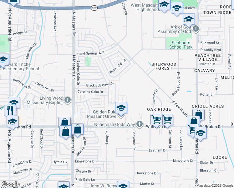 map of restaurants, bars, coffee shops, grocery stores, and more near 10544 Blackjack Oaks Drive in Dallas