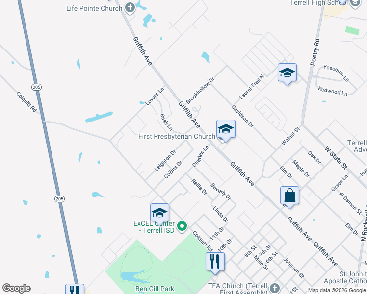map of restaurants, bars, coffee shops, grocery stores, and more near 213 Leighton Drive in Terrell