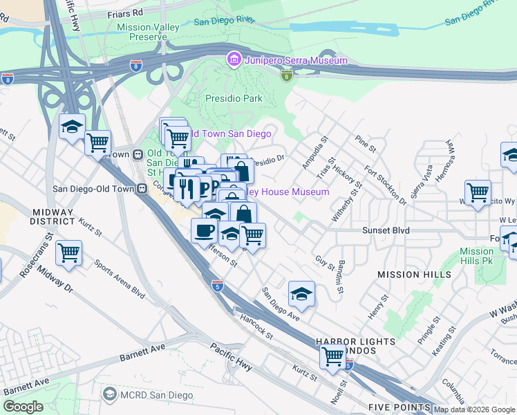 map of restaurants, bars, coffee shops, grocery stores, and more near 2387 Juan Street in San Diego
