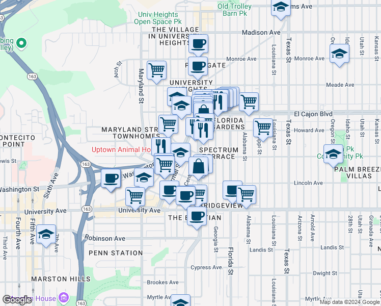 map of restaurants, bars, coffee shops, grocery stores, and more near 1623 Polk Avenue in San Diego