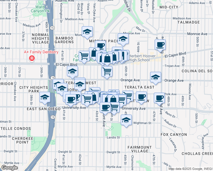 map of restaurants, bars, coffee shops, grocery stores, and more near 4157 Fairmount Avenue in San Diego