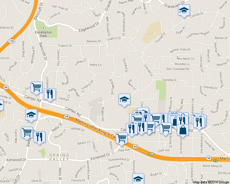 map of restaurants, bars, coffee shops, grocery stores, and more near 4117 North Rogers Road in Spring Valley