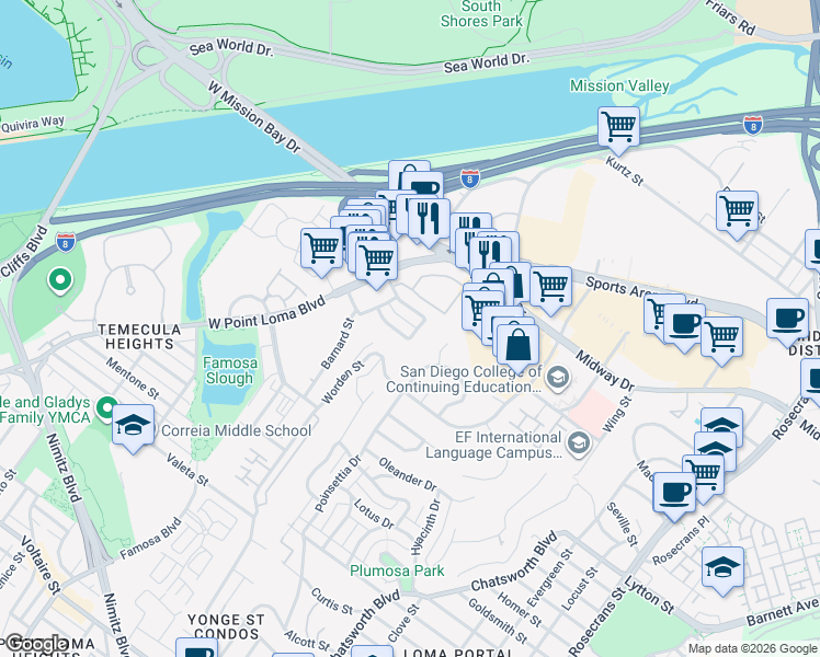map of restaurants, bars, coffee shops, grocery stores, and more near 3116 Groton Way in San Diego