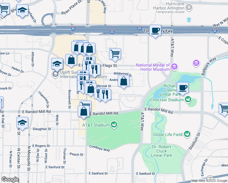 map of restaurants, bars, coffee shops, grocery stores, and more near 1119 Red Cedar Lane in Arlington