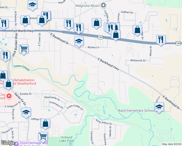 map of restaurants, bars, coffee shops, grocery stores, and more near 300 Hickory Lane in Weatherford