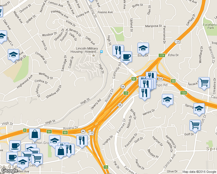 map of restaurants, bars, coffee shops, grocery stores, and more near 4054 Payson Road in La Mesa