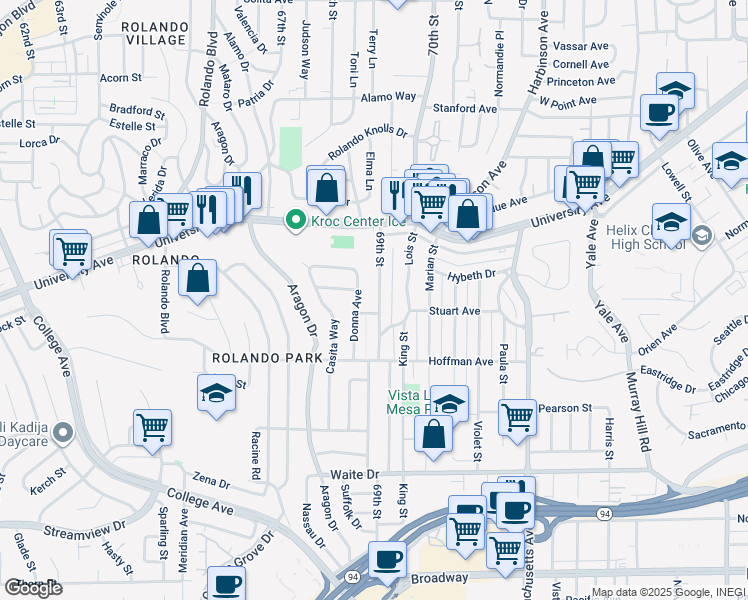 map of restaurants, bars, coffee shops, grocery stores, and more near 4146 69th Street in San Diego