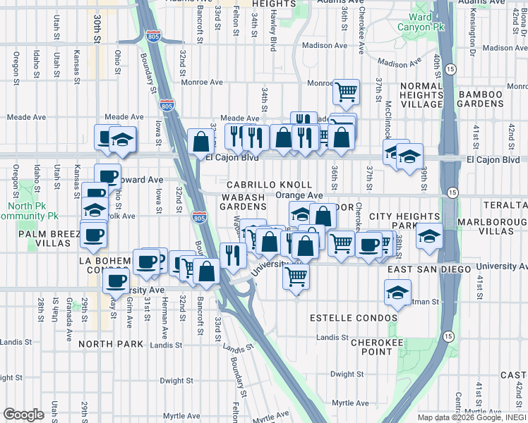 map of restaurants, bars, coffee shops, grocery stores, and more near 4141-47 34th Street in San Diego