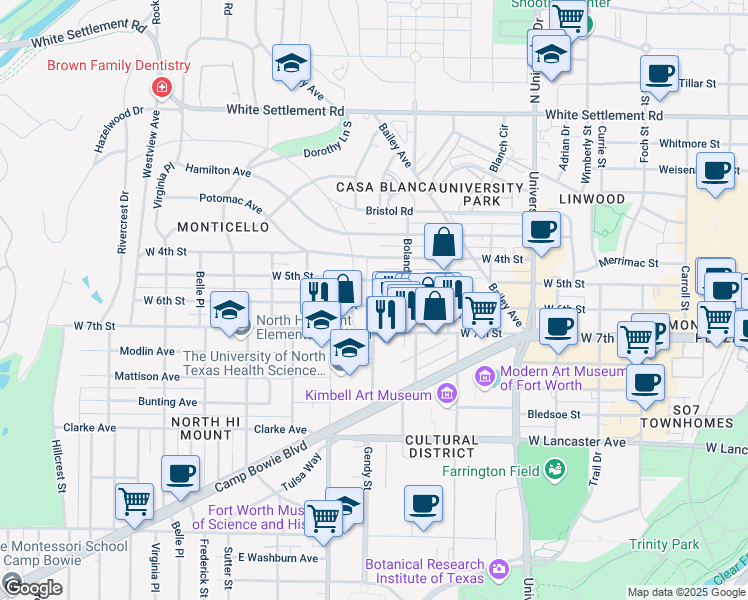 map of restaurants, bars, coffee shops, grocery stores, and more near 3428 West 6th Street in Fort Worth
