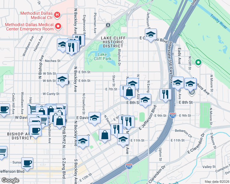 map of restaurants, bars, coffee shops, grocery stores, and more near 414 Starr Street in Dallas