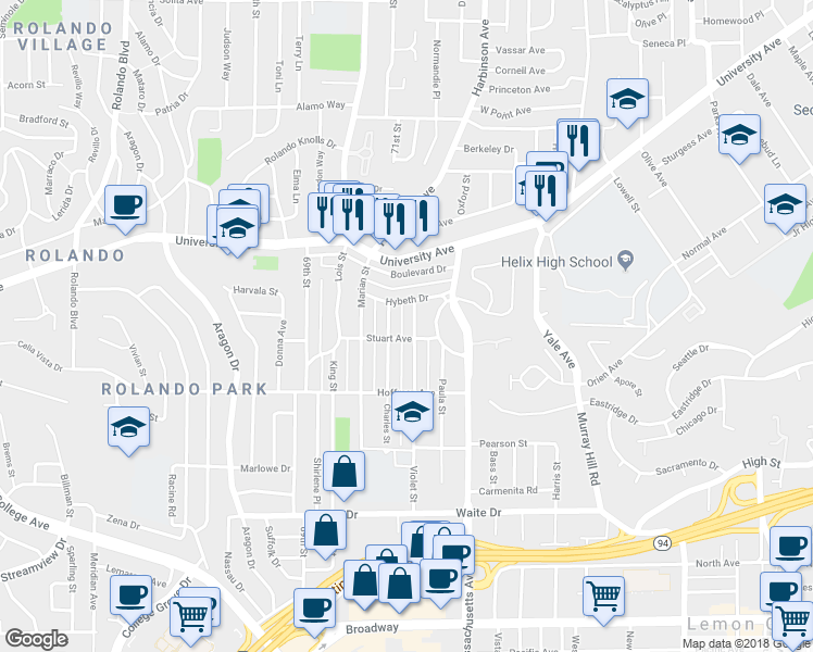 map of restaurants, bars, coffee shops, grocery stores, and more near 4144 Violet Street in La Mesa