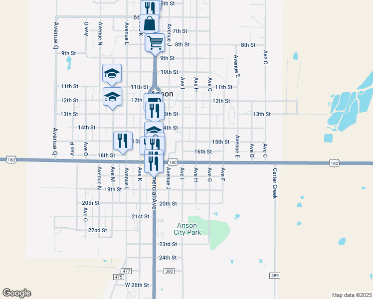 map of restaurants, bars, coffee shops, grocery stores, and more near 1531 Avenue I in Anson