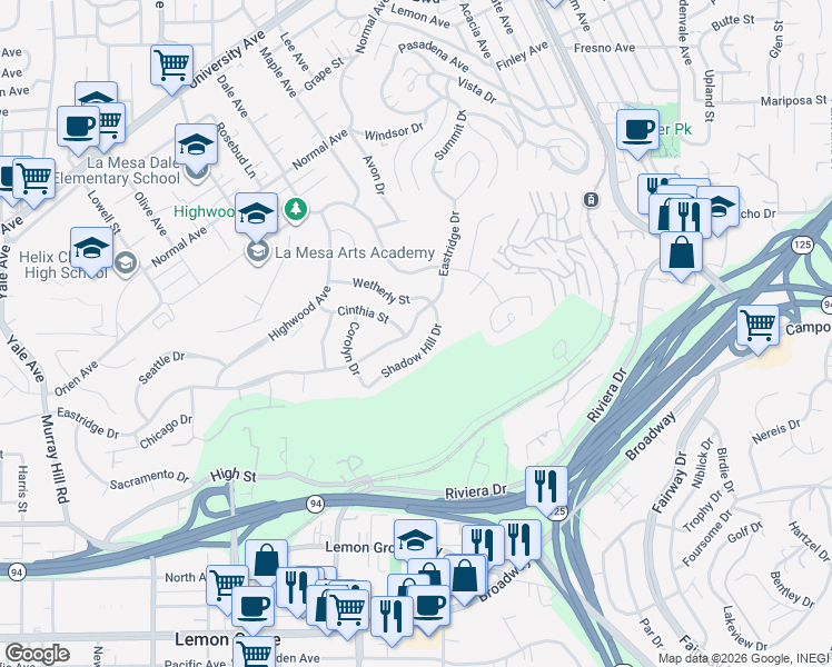 map of restaurants, bars, coffee shops, grocery stores, and more near 8011 Eastridge Drive in La Mesa