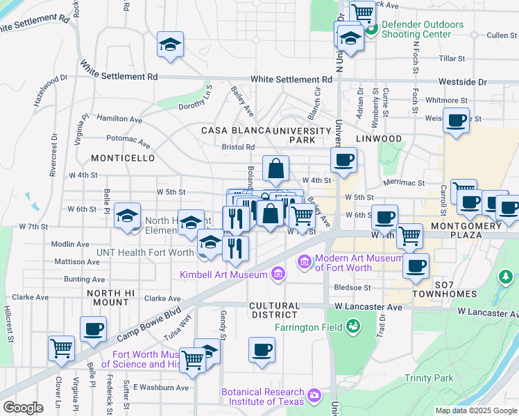 map of restaurants, bars, coffee shops, grocery stores, and more near 3328 West 6th Street in Fort Worth